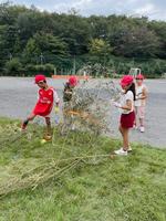 芝生の前には３年生の子供たちとたくさんの竹の画像5