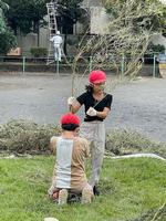 芝生の前には３年生の子供たちとたくさんの竹の画像8