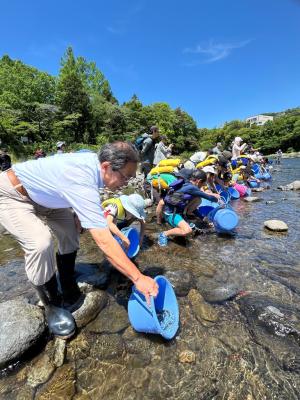 鮎を放流している様子