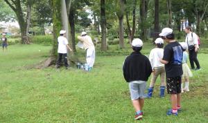公園でだるまさんが転んだをしている子供たち